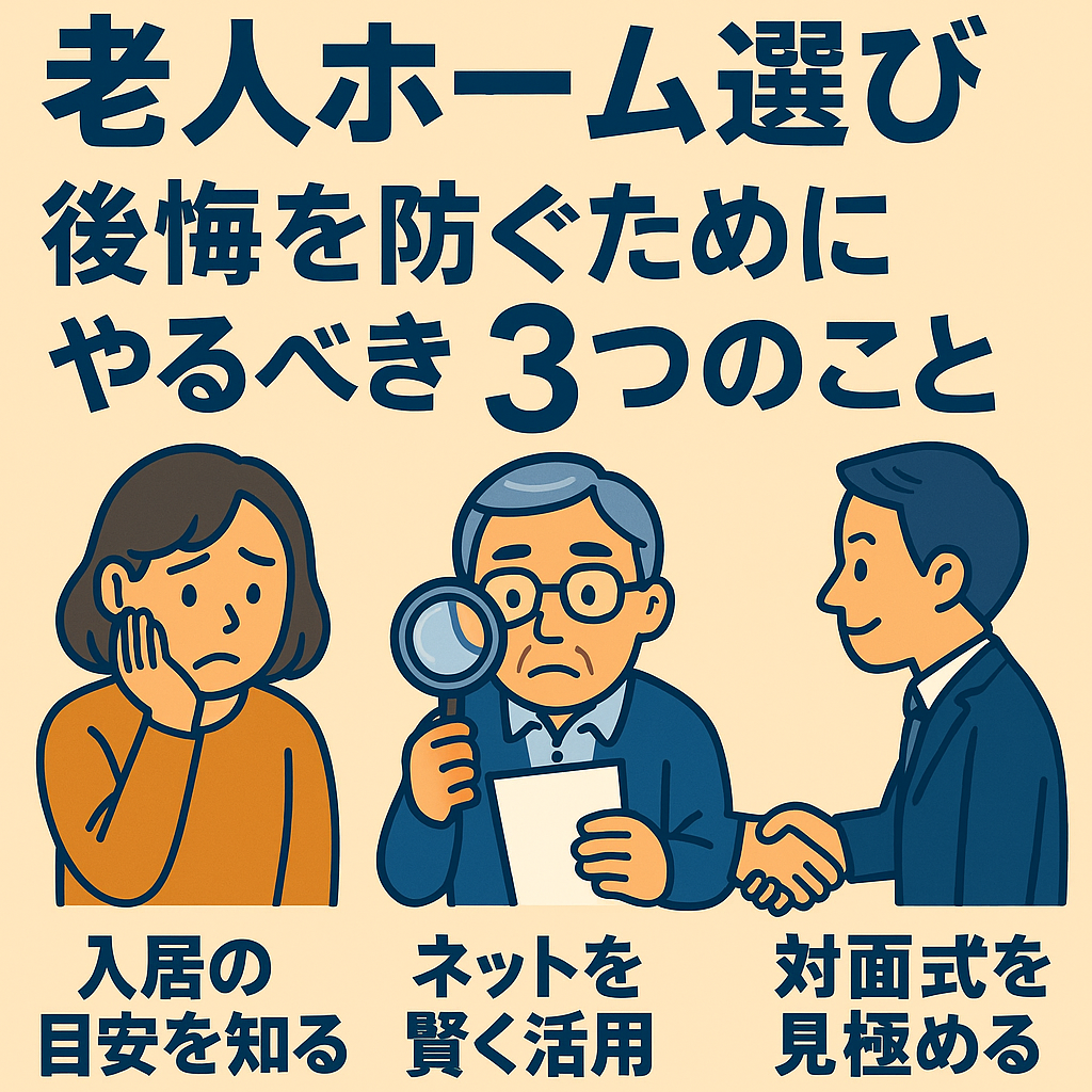 老人ホーム選びで後悔しないためにやるべき3つのことを解説するイラスト