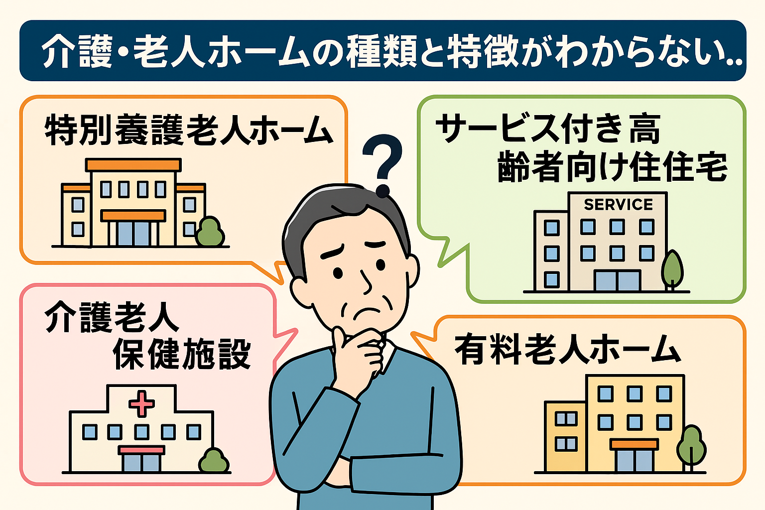 有料老人ホーム・特養・サービス付き高齢者向け住宅など高齢者住宅の種類がわからず悩む家族のイメージ画像