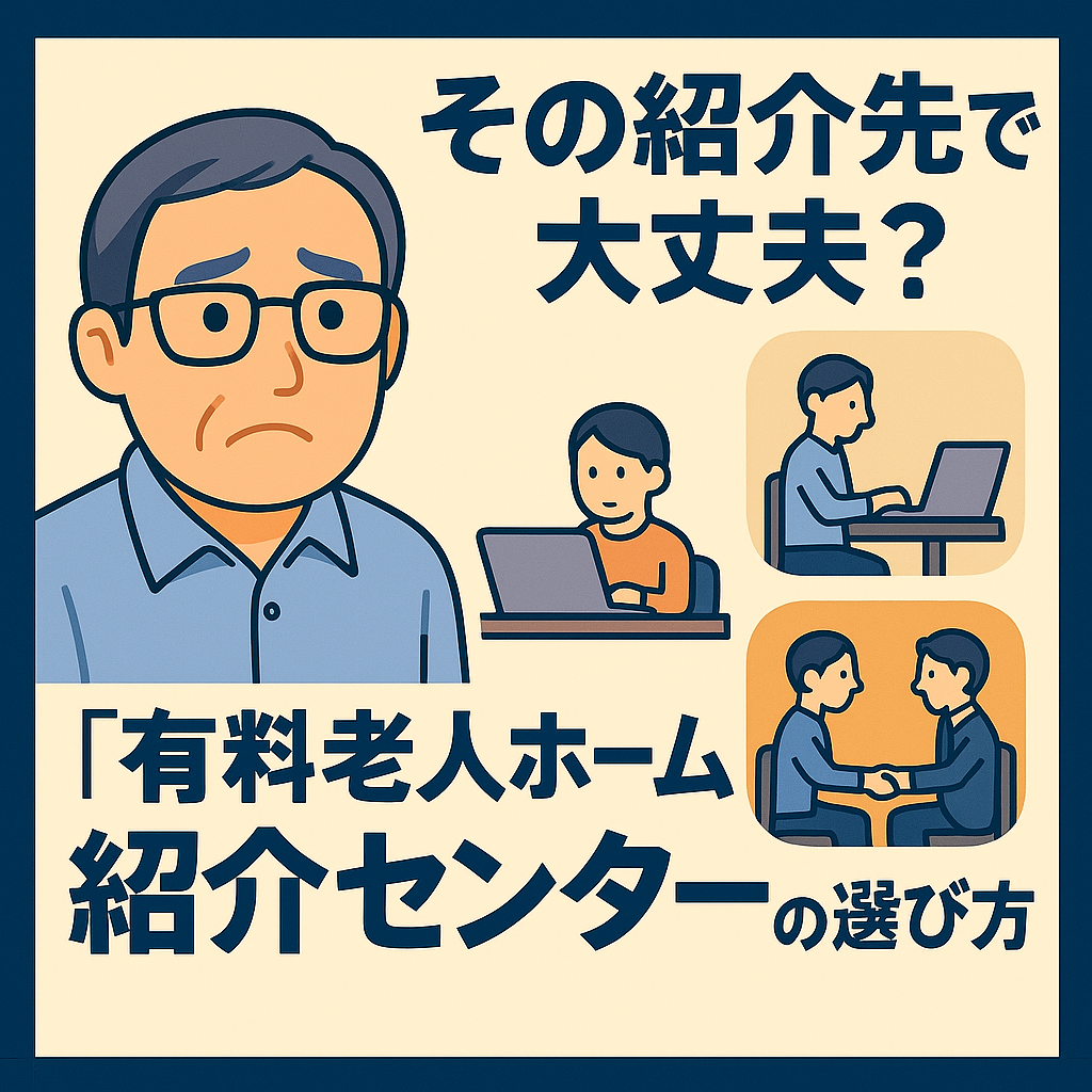 有料老人ホーム紹介センターのインターネット相談と対面式の有料老人ホームの対面面談を比較して悩む家族のイラスト