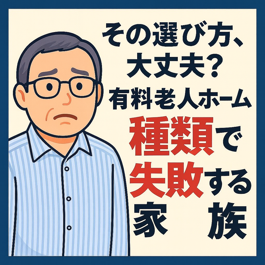 有料老人ホームの種類選びで失敗しない方法を解説する有料老人ホーム選びの」達人と不安そうな家族のイラスト