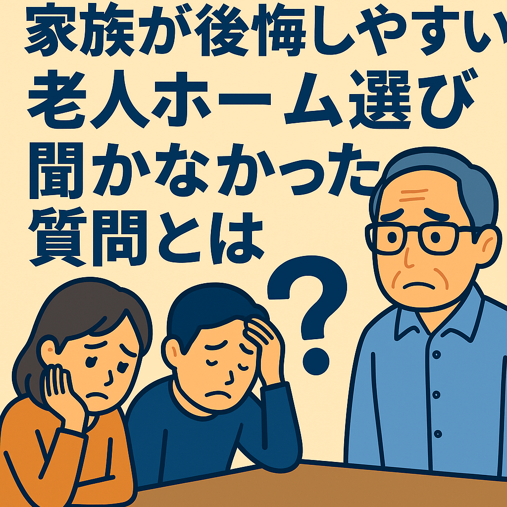 老人ホーム選びで質問できずに後悔する家族のイラスト。入居前に確認すべき重要な質問ポイントを解説する記事のアイキャッチ画像