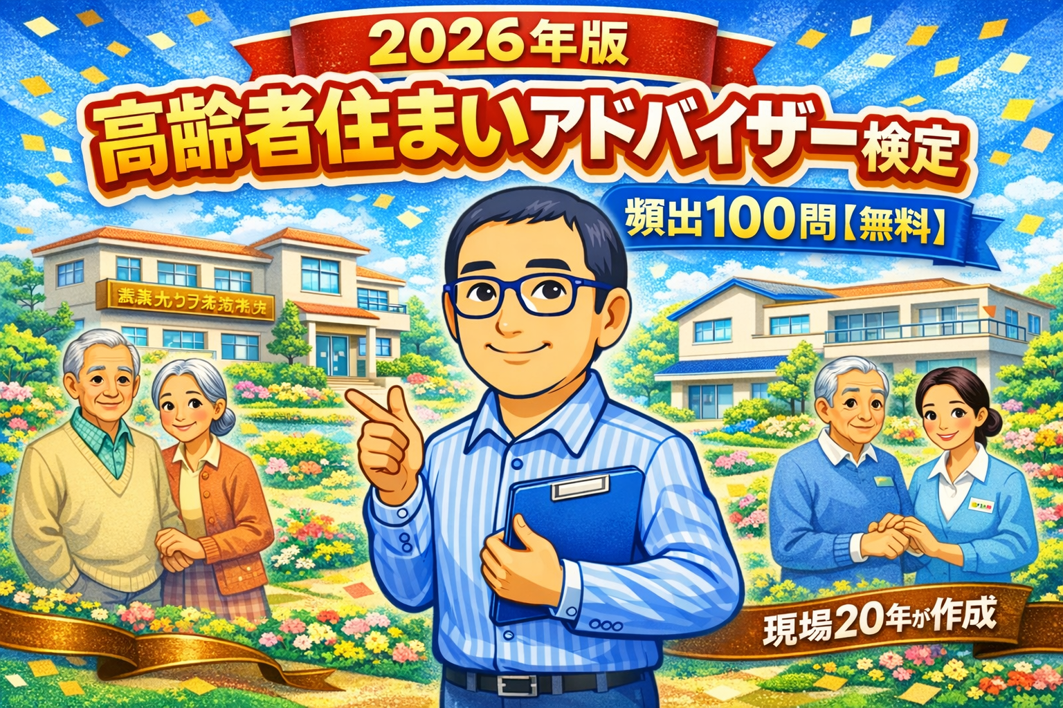 高齢者住まいアドバイザー検定2026の頻出100問を解説する、アドバイザーと高齢者施設のイメージイラスト